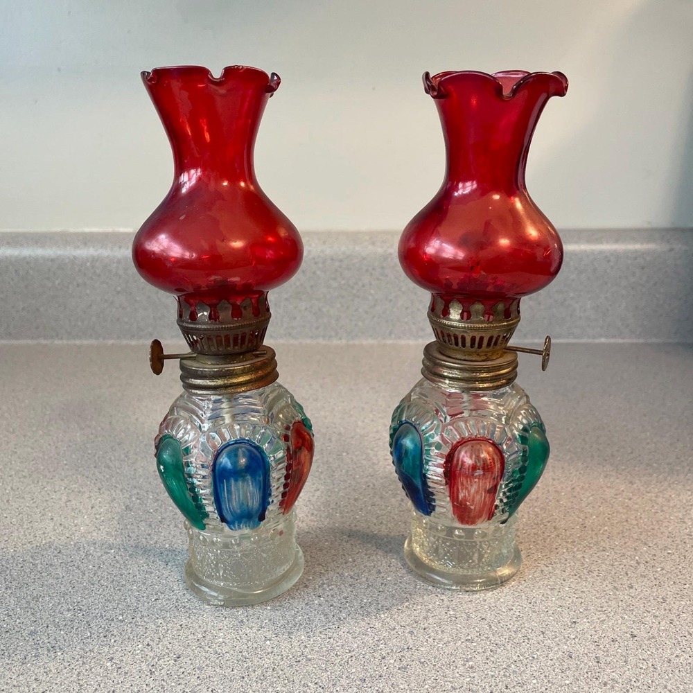 Pair of Vintage Mini Glass Oil Lamps Red Cranberry Chimney Hand Painted Pair - Picture 2 of 13